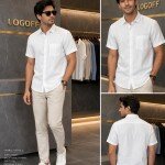 logoff premium half sleeve linen white shirt