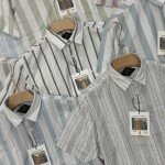 black letter half sleeve cotton linen stripes shirt