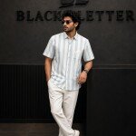 black letter half sleeve cotton linen stripes shirt