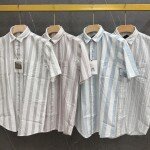 black letter half sleeve cotton linen stripes shirt