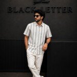 black letter half sleeve cotton linen stripes shirt